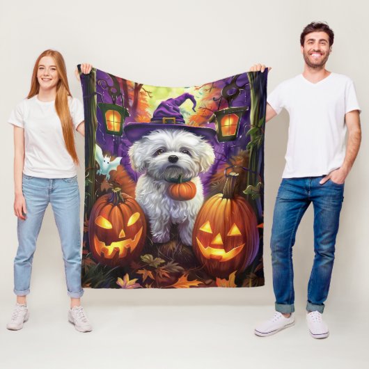 Spooky Bichon Frise Halloween heks en pompoen Fleece Deken (In situ)