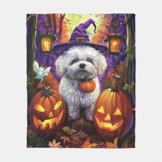 Spooky Bichon Frise Halloween heks en pompoen Fleece Deken (Voorkant)