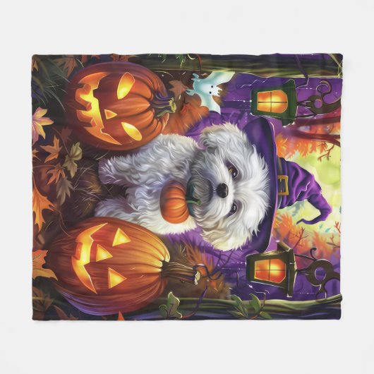 Spooky Bichon Frise Halloween heks en pompoen Fleece Deken (Voorkant (Horizontaal))