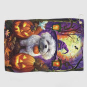 Spooky Bichon Frise Halloween heks en pompoen Golfhanddoek (Horizontaal)