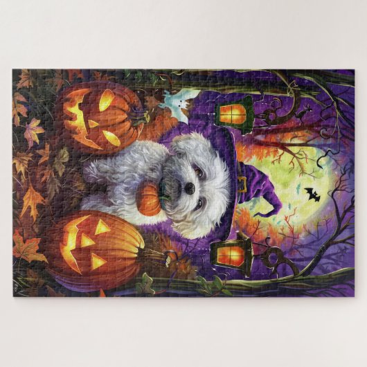 Spooky Bichon Frise Halloween heks en pompoen Legpuzzel (Horizontaal)