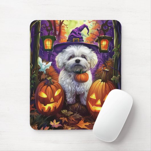 Spooky Bichon Frise Halloween heks en pompoen Muismat (Met muis)