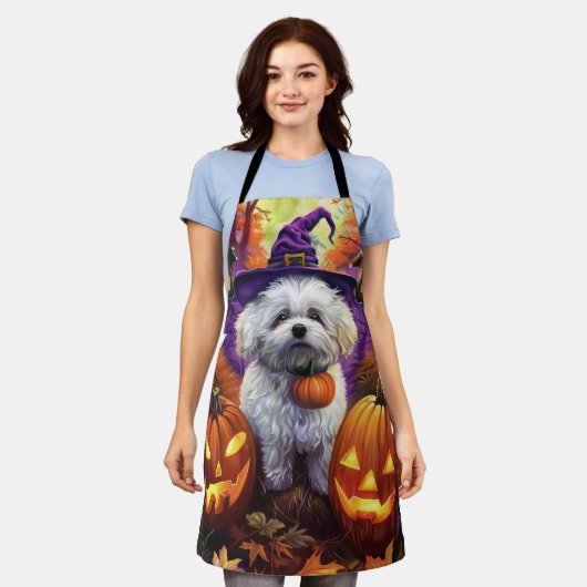 Spooky Bichon Frise Halloween heks en pompoen Schort (Gedragen)
