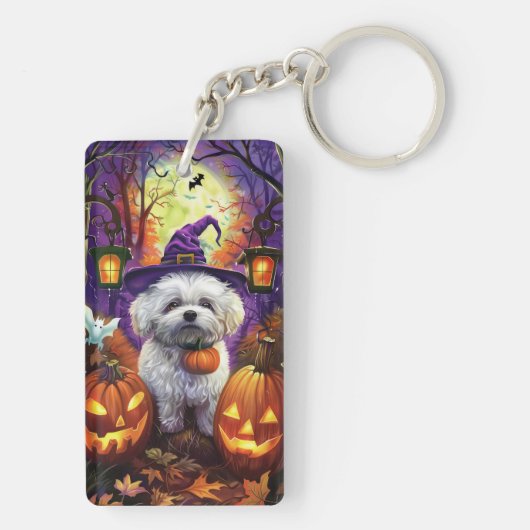 Spooky Bichon Frise Halloween heks en pompoen Sleutelhanger (achterkant)