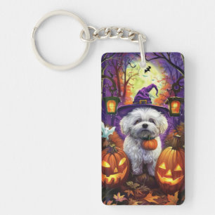 Spooky Bichon Frise Halloween heks en pompoen Sleutelhanger