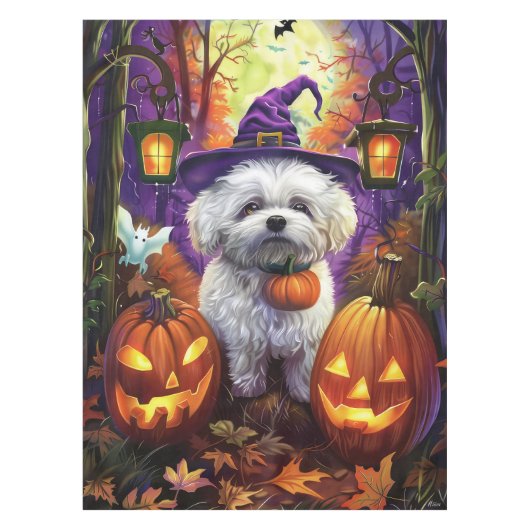 Spooky Bichon Frise Halloween heks en pompoen Tafelkleed (Voorkant)