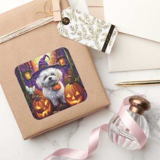Spooky Bichon Frise Halloween heks en pompoen Vierkante Sticker (Geschenken)
