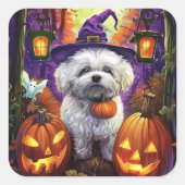 Spooky Bichon Frise Halloween heks en pompoen Vierkante Sticker (Voorkant)