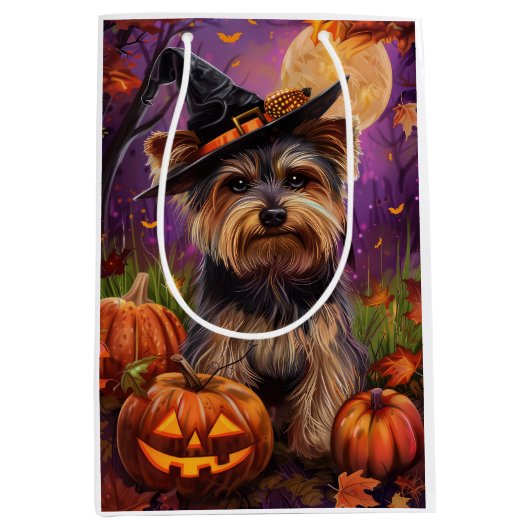 Spooky Biewer Terriër Halloween Heks en Pompoen Medium Cadeauzakje (Voorkant)