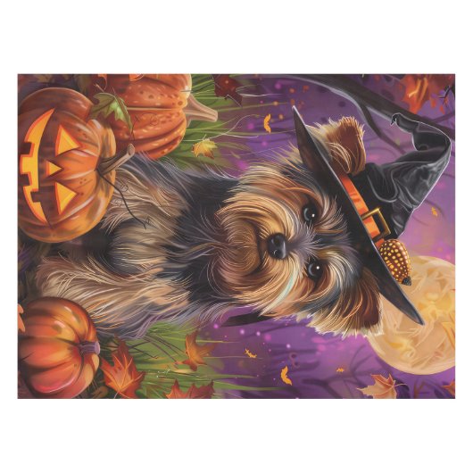 Spooky Biewer Terriër Halloween Heks en Pompoen Tafelkleed (Voorkant (Horizontaal))