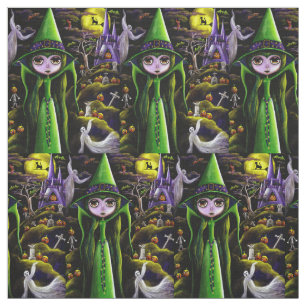 Spooky Big Eye Green Witch Girl Ghosts Goblins Stof