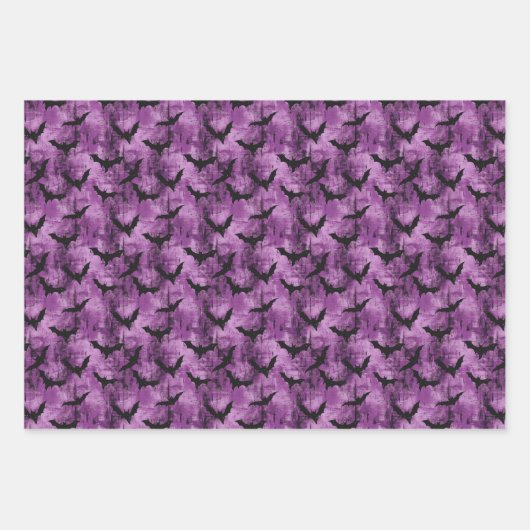 Spooky Black Bat Pattern op Grungy Paarse Inpakpapier Vel (Voorkant 3)