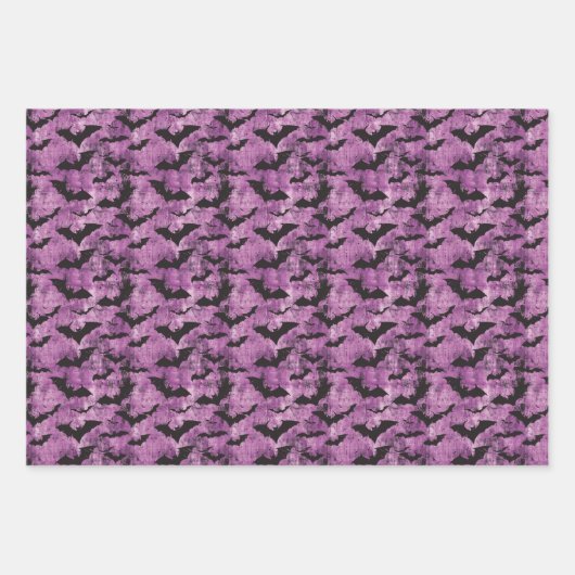 Spooky Black Bat Pattern op Grungy Paarse Inpakpapier Vel (Voorkant)