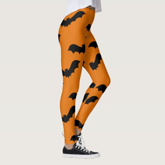 Spooky Black Bats Pattern Halloween Sinaasappel Leggings (Rechts)
