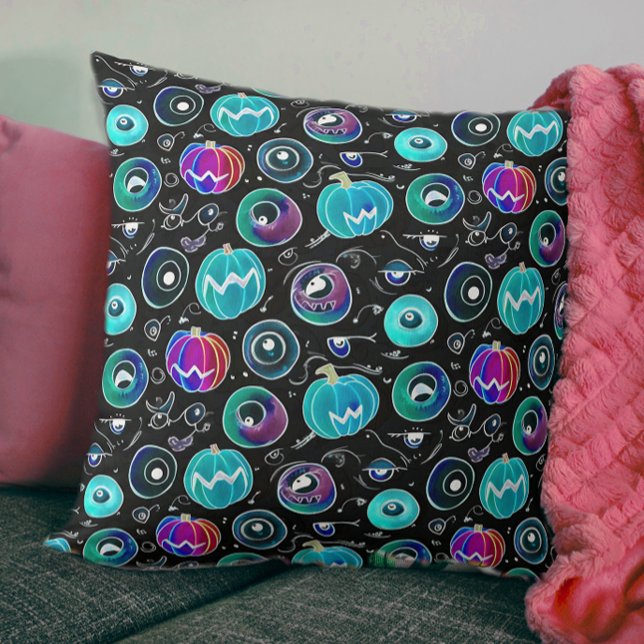 Spooky Black Blue Monster Eyeball Pumpkin Doodles Kussen (Creator heeft geüpload)