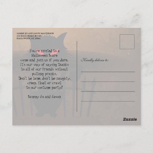 Spooky Black Cat & Bats Halloween Uitnodiging (Achterkant)