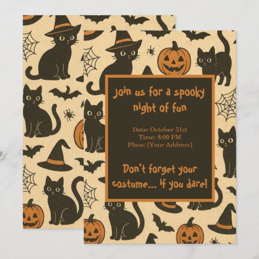 Spooky Black Cat en Pumpkin Halloween Party Kaart (Voorkant / Achterkant)