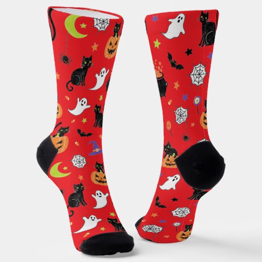 Spooky Black Cat & Ghost Halloween Pattern Socks Sokken (Gebogen)