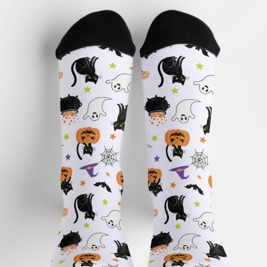 Spooky Black Cat & Ghost Halloween Pattern Socks Sokken (Top)