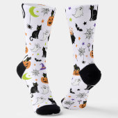 Spooky Black Cat & Ghost Halloween Pattern Socks Sokken (Gebogen)