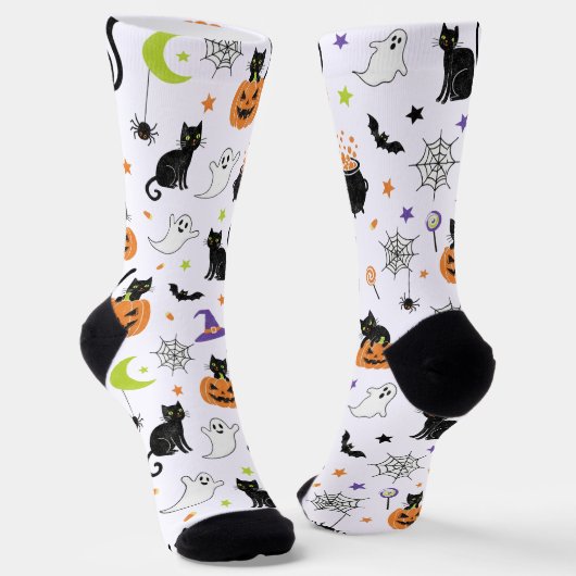 Spooky Black Cat & Ghost Halloween Pattern Socks Sokken (Gebogen)