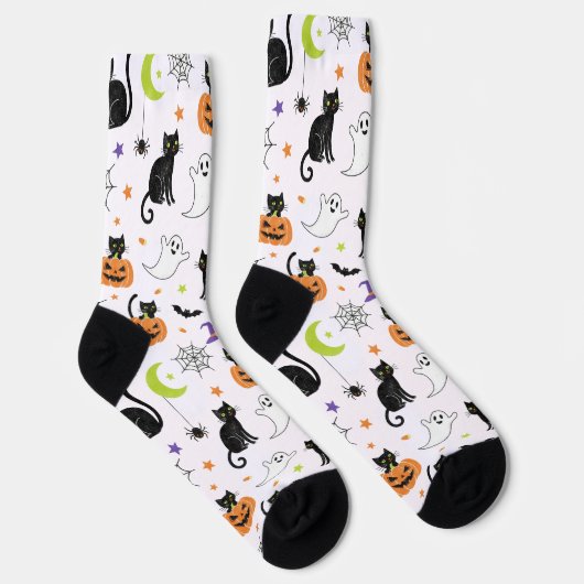 Spooky Black Cat & Ghost Halloween Pattern Socks Sokken (Rechts)