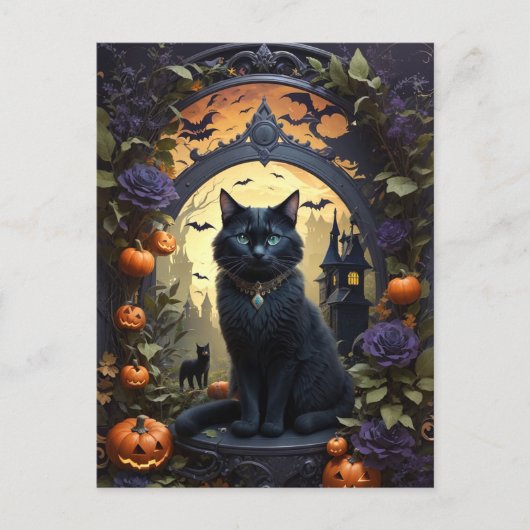 Spooky Black Cat Gothic Halloween Briefkaart (Voorkant)