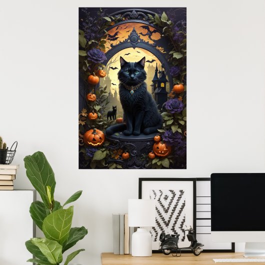 Spooky Black Cat Gothic Halloween Poster (Thuiskantoor)