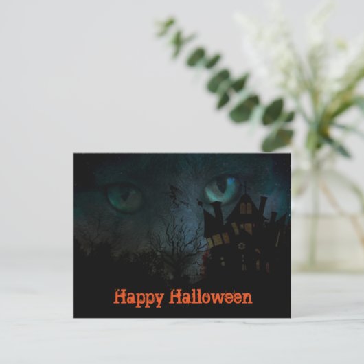Spooky Black Cat Halloween Briefkaart (Staand voorkant)