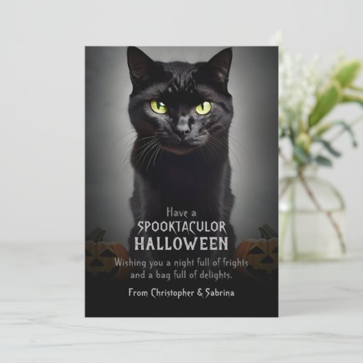 Spooky Black Cat Halloween Groet Feestdagenkaart (Staand voorkant)