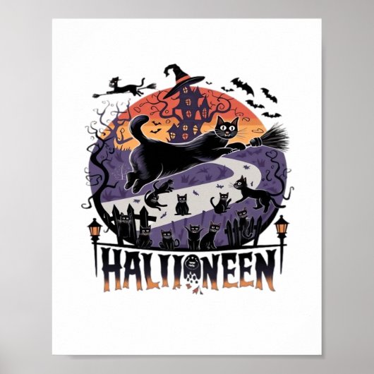 Spooky Black Cat Halloween Night - Haunted Poster (Voorkant)