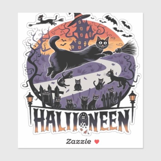 Spooky Black Cat Halloween Night -  Haunted Sticker (Vel)