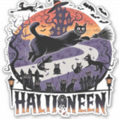 Spooky Black Cat Halloween Night -  Haunted Sticker (Voorkant)