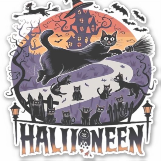 Spooky Black Cat Halloween Night - Haunted Sticker (Voorkant)