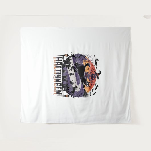 Spooky Black Cat Halloween Night -  Haunted Wandkleed (Voorkant (horizontaal))