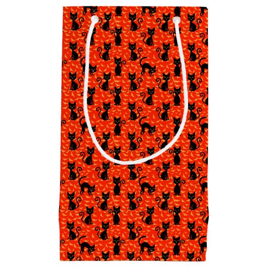 Spooky Black Cat Halloween Oranje vleermuizen Klein Cadeauzakje (Voorkant)