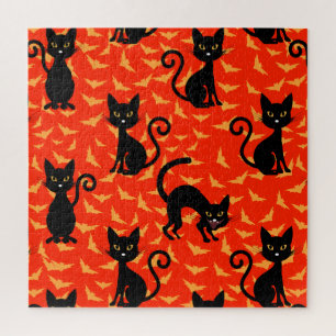 Spooky Black Cat Halloween Oranje vleermuizen Legpuzzel