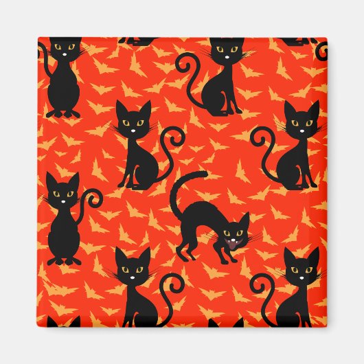 Spooky Black Cat Halloween Oranje vleermuizen Magneet (Voorkant)