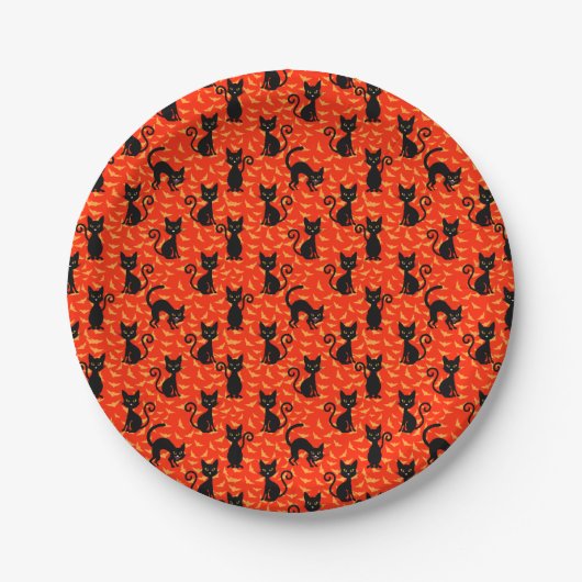Spooky Black Cat Halloween Oranje vleermuizen Papieren Bordje (Voorkant)