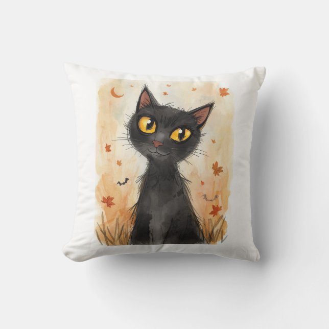 Spooky Black Cat Halloween Throw Pillow. Kussen (Voorkant)