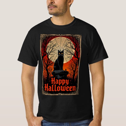 Spooky Black Cat Happy Halloween  Gothic T-shirt (Voorkant)