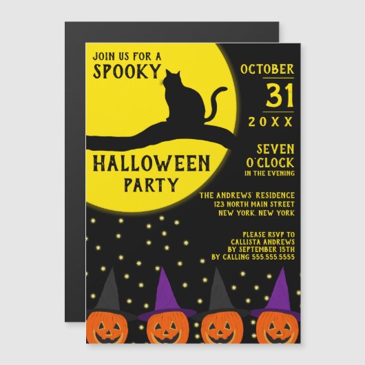 Spooky Black Cat Jack O'lantern Halloween Party Magnetische Uitnodiging (Voorkant / Achterkant)