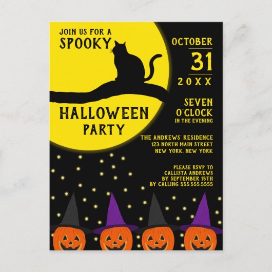 Spooky Black Cat Jack O'lantern Halloween Party Uitnodiging Briefkaart (Voorkant)