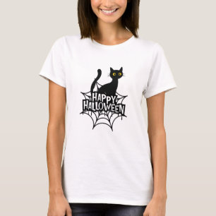 Spooky Black Cat op een Spiderweb Happy Halloween T-shirt
