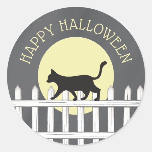 Spooky Black Cat op Picket Fence Ronde Sticker (Voorkant)