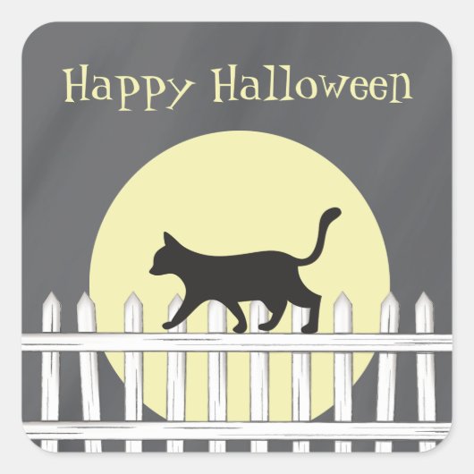 Spooky Black Cat op Picket Fence Vierkante Sticker (Voorkant)