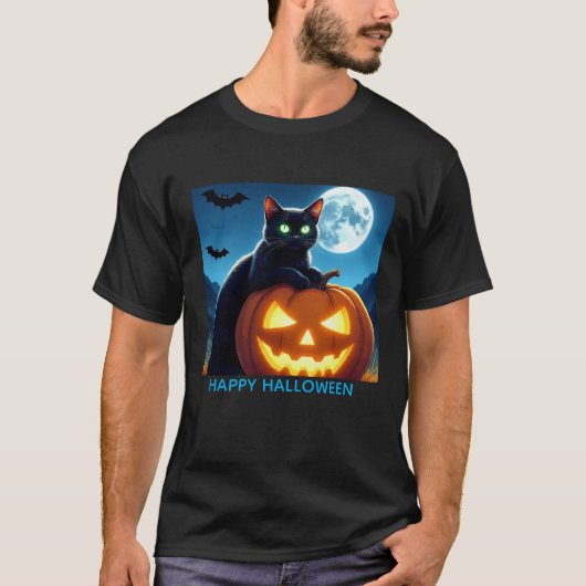 Spooky Black Cat op Pumpkin Mannen T-shirt (Voorkant)