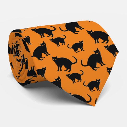 Spooky Black Cat Pattern op Oranje Halloween Stropdas (Opgerold)