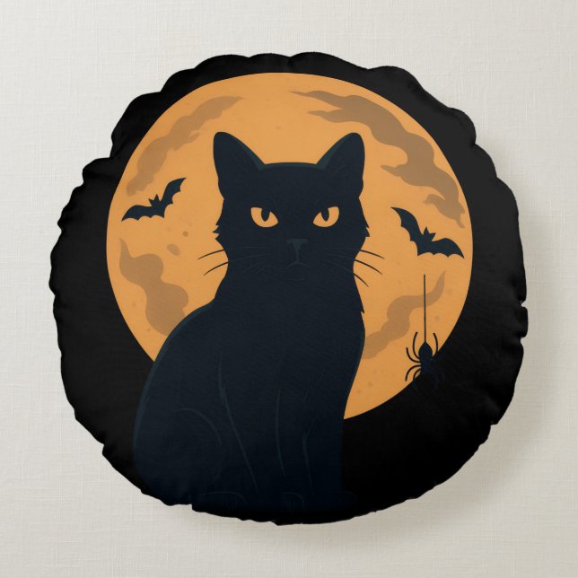 Spooky Black Cat Silhouette Halloween Gothic Cat Rond Kussen (Voorkant)