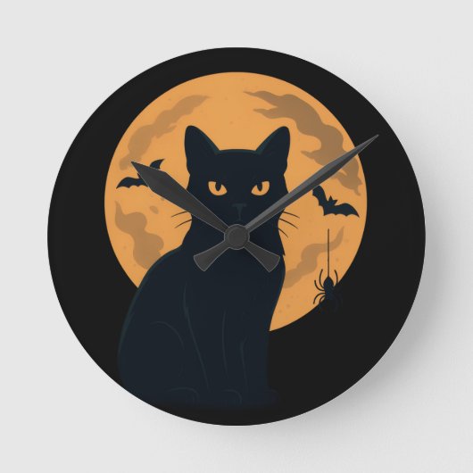 Spooky Black Cat Silhouette Halloween Gothic Cat Ronde Klok (Voorkant)